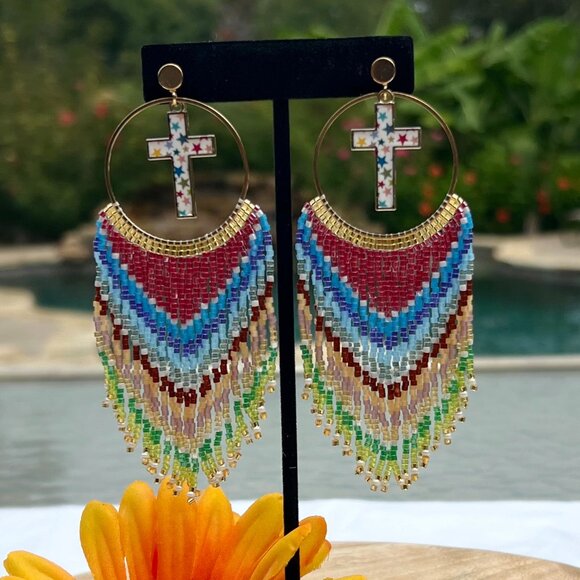 Handmade Beaded Long Faith Fringe Cross Dangle Drop Lightweight Post Earrings - Picture 8 of 11
